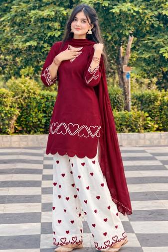Maroon silk blend embroidered farshi salwar set