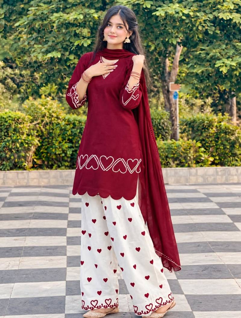 Maroon silk blend embroidered farshi salwar set
