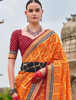 Orange bandhani zari silk blend bandhani saree 2