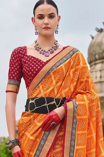 Orange bandhani zari silk blend bandhani saree