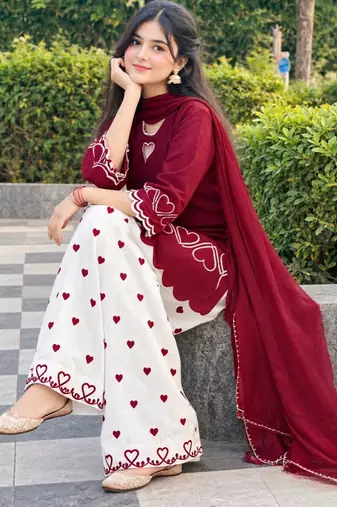 Maroon silk blend embroidered farshi salwar set