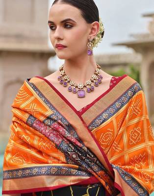 Orange bandhani zari silk blend bandhani saree 3