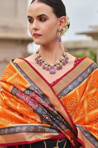 Orange bandhani zari silk blend bandhani saree