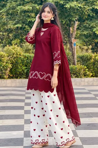 Maroon silk blend embroidered farshi salwar set
