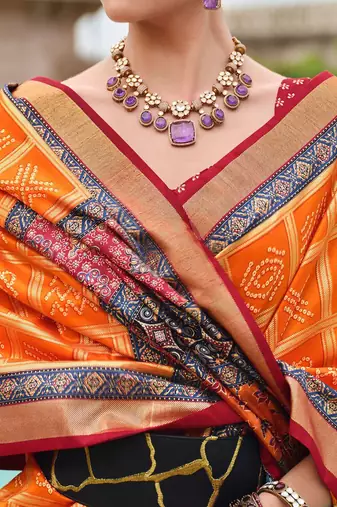 Orange bandhani zari silk blend bandhani saree