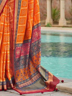 Orange bandhani zari silk blend bandhani saree 5