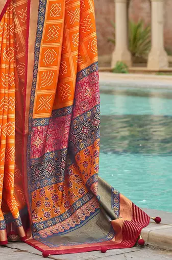 Orange bandhani zari silk blend bandhani saree