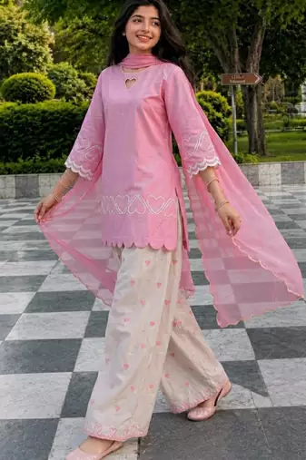 Pink silk blend embroidered farshi salwar set