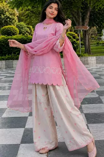 Pink silk blend embroidered farshi salwar set