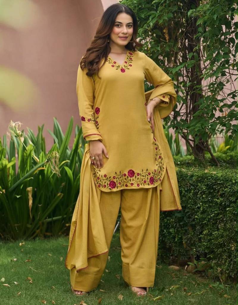 Yellow chanderi embroidered farshi salwar set