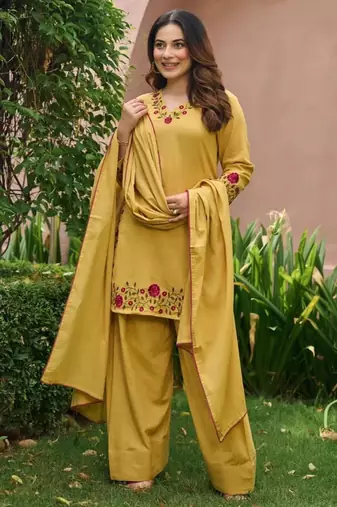 Yellow chanderi embroidered farshi salwar set