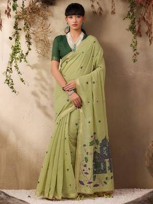 lime ethnic motifs cotton blend muga saree 1