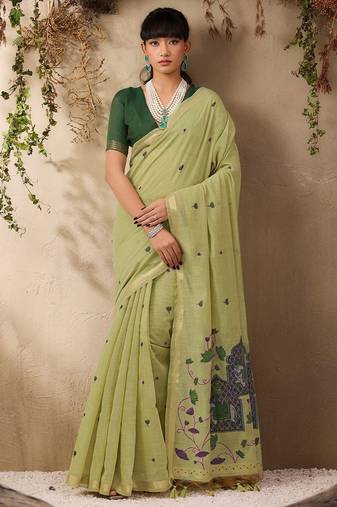 lime ethnic motifs cotton blend muga saree