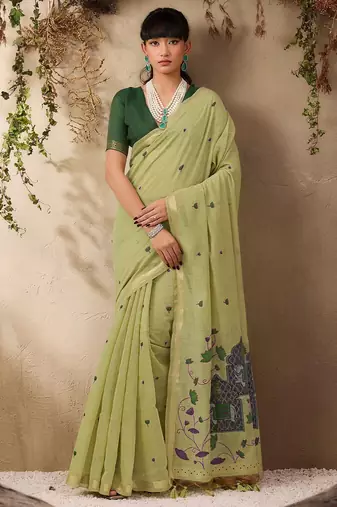 lime ethnic motifs cotton blend muga saree