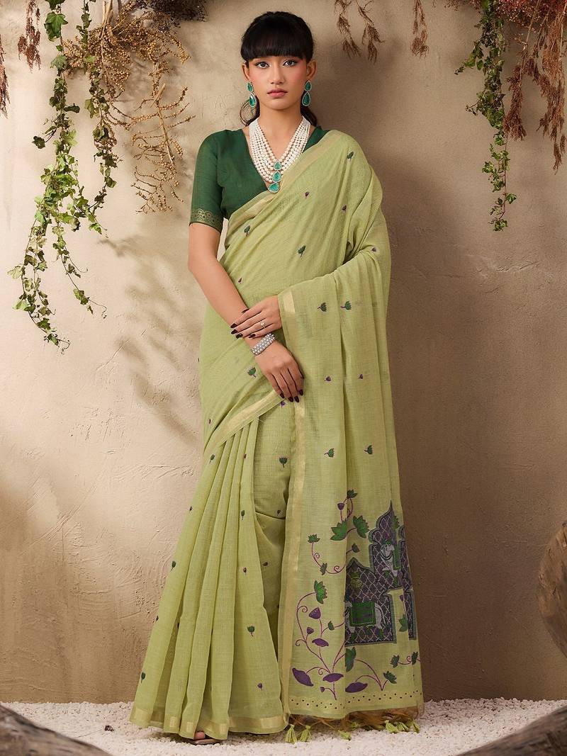 lime ethnic motifs cotton blend muga saree