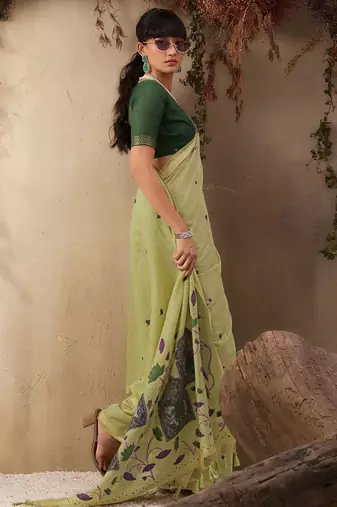 lime ethnic motifs cotton blend muga saree