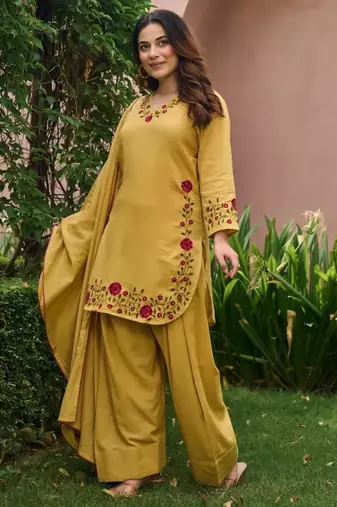 Yellow chanderi embroidered farshi salwar set