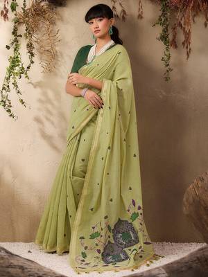 lime ethnic motifs cotton blend muga saree 3