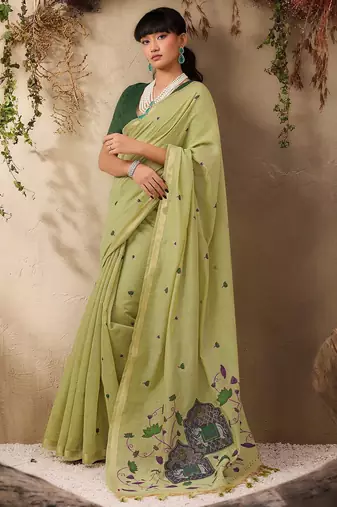 lime ethnic motifs cotton blend muga saree