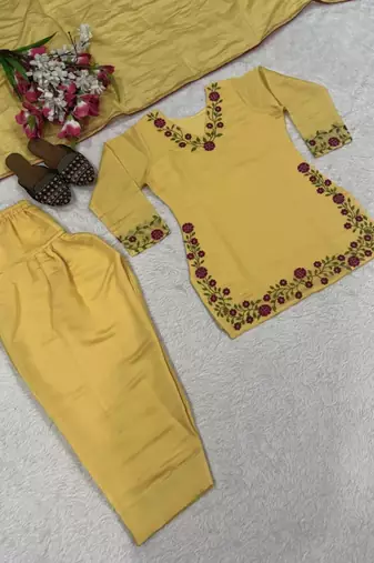 Yellow chanderi embroidered farshi salwar set