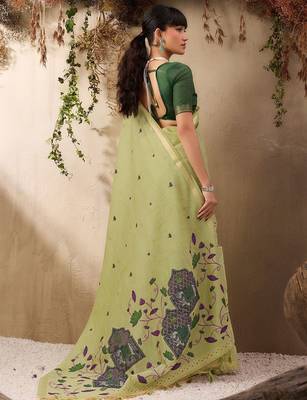 lime ethnic motifs cotton blend muga saree 4