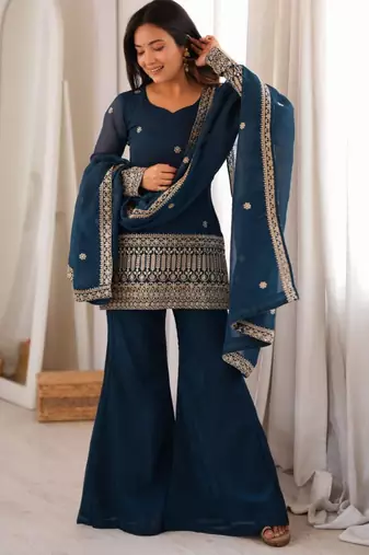 Dark-blue silk blend embroidered palazzo set