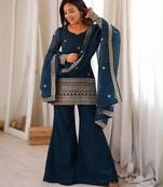 Dark-blue silk blend embroidered palazzo set