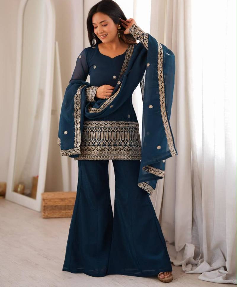 Dark-blue silk blend embroidered palazzo set