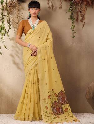 yellow ethnic motifs cotton blend muga saree 1
