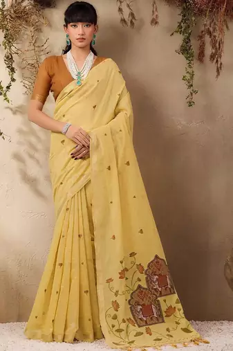 yellow ethnic motifs cotton blend muga saree
