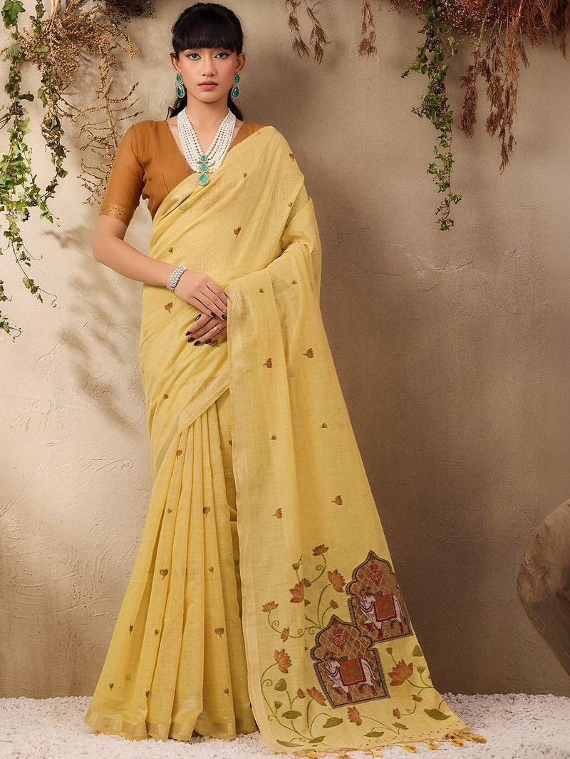 yellow ethnic motifs cotton blend muga saree