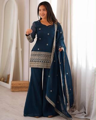 Dark-blue silk blend embroidered palazzo set 3