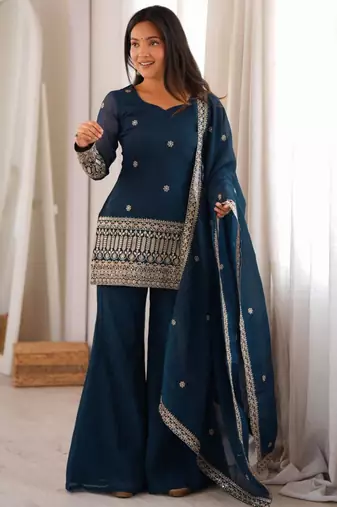 Dark-blue silk blend embroidered palazzo set