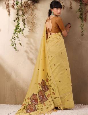 yellow ethnic motifs cotton blend muga saree 2