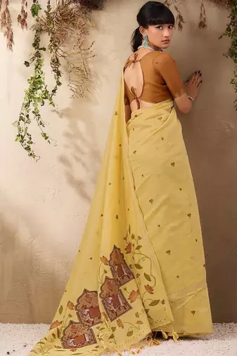 yellow ethnic motifs cotton blend muga saree