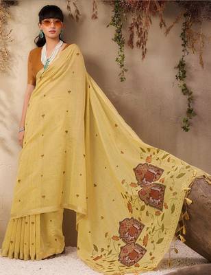 yellow ethnic motifs cotton blend muga saree 3