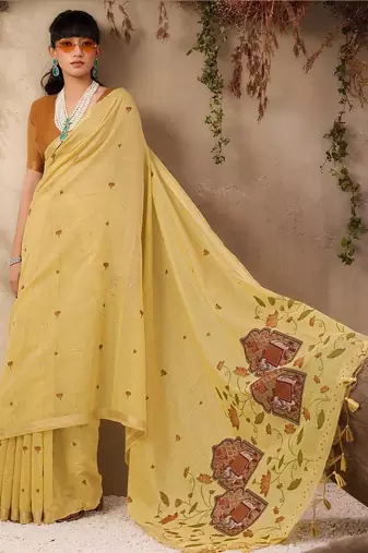yellow ethnic motifs cotton blend muga saree