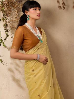 yellow ethnic motifs cotton blend muga saree 4