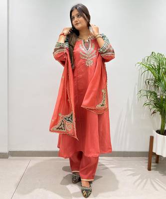 Dark-coral chanderi embroidered palazzo set 1