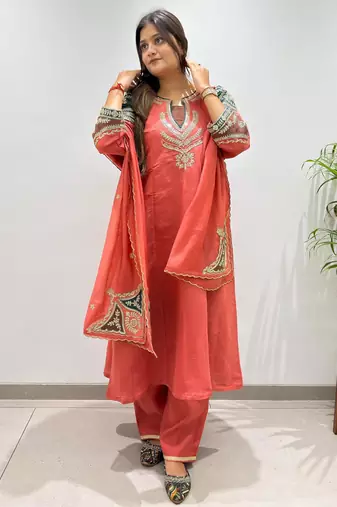 Dark-coral chanderi embroidered palazzo set