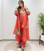 Dark-coral chanderi embroidered palazzo set