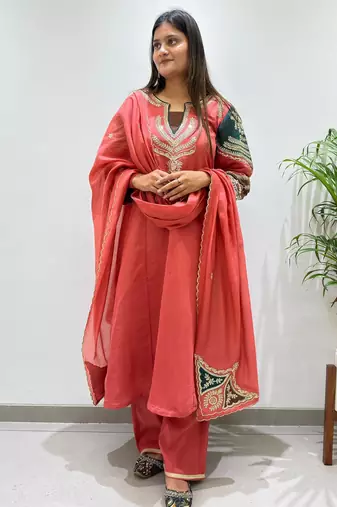 Dark-coral chanderi embroidered palazzo set