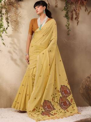 yellow ethnic motifs cotton blend muga saree 5