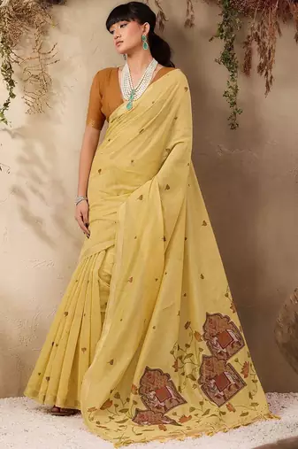 yellow ethnic motifs cotton blend muga saree