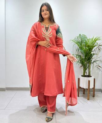 Dark-coral chanderi embroidered palazzo set 3