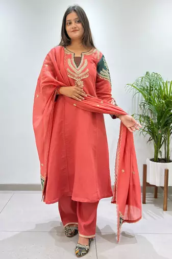 Dark-coral chanderi embroidered palazzo set