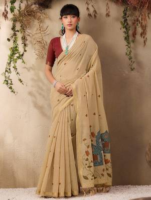 beige ethnic motifs cotton blend muga saree 1