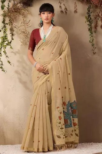 beige ethnic motifs cotton blend muga saree
