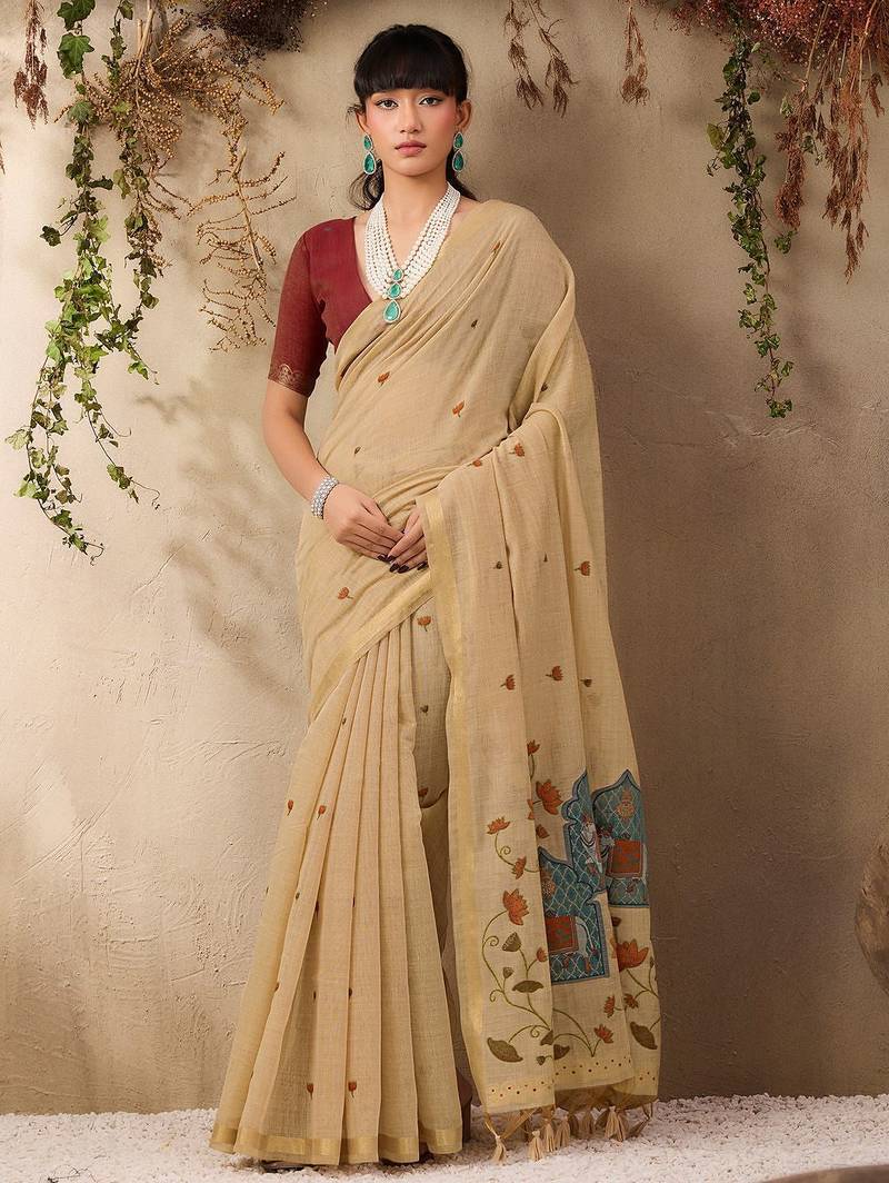 beige ethnic motifs cotton blend muga saree