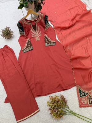 Dark-coral chanderi embroidered palazzo set 4